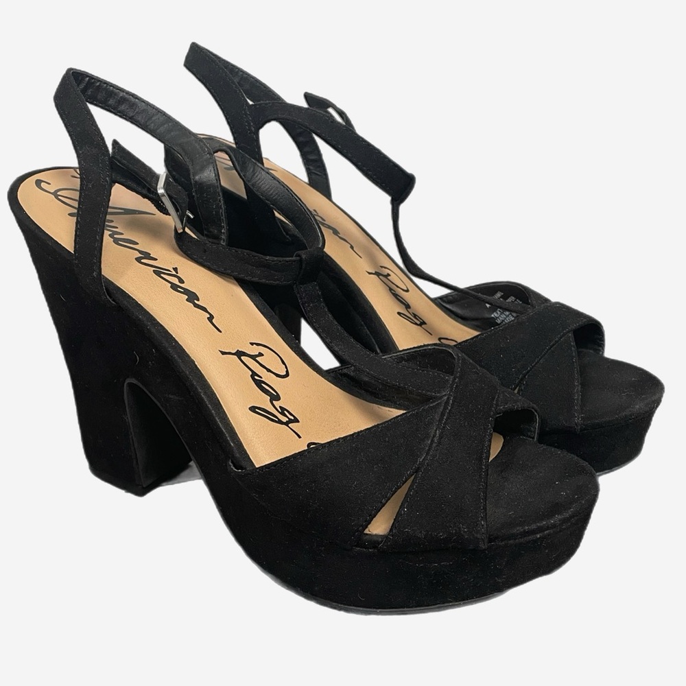 American Rag Cie Black T-Strap Platform suede like high heels retro formal sz10